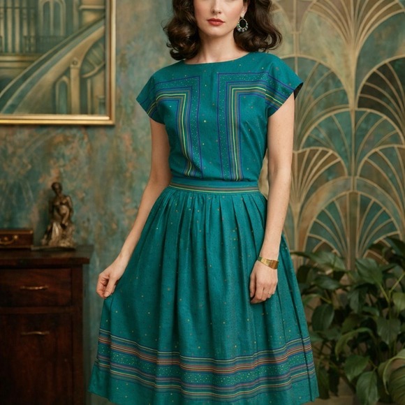 Vintage Dresses & Skirts - Vintage 70s Teal 2 Piece Dress Set Stripe Dot Skirt Top Mod Prairie Button Back